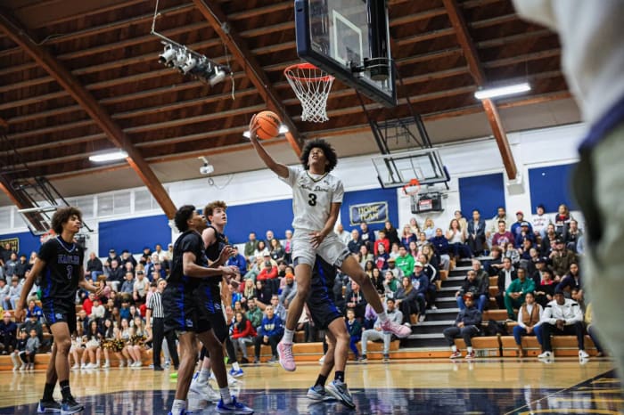 Zach White scores the ball for Notre Dame against Santa Margarita on Tuesday, Feb. 13, 2024 in the CIF Southern Section Division 1 quarterfinals.